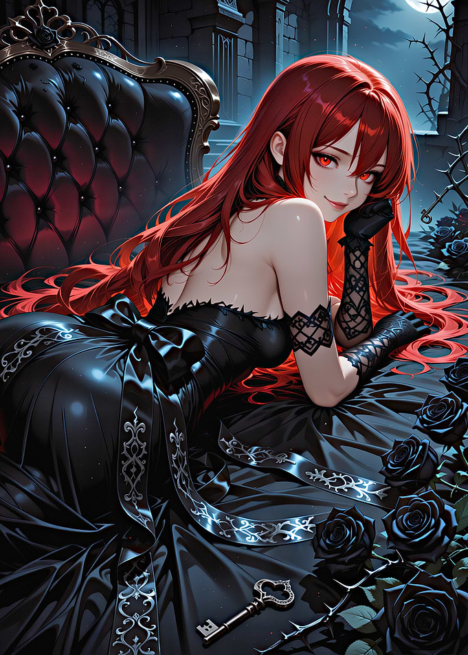 Red haired woman in black dress