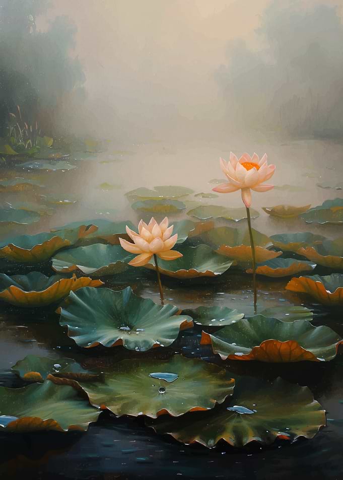 Lotus Flowers in Misty Pond Painting