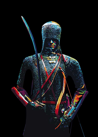 Colorful Warrior with Bow and Sword