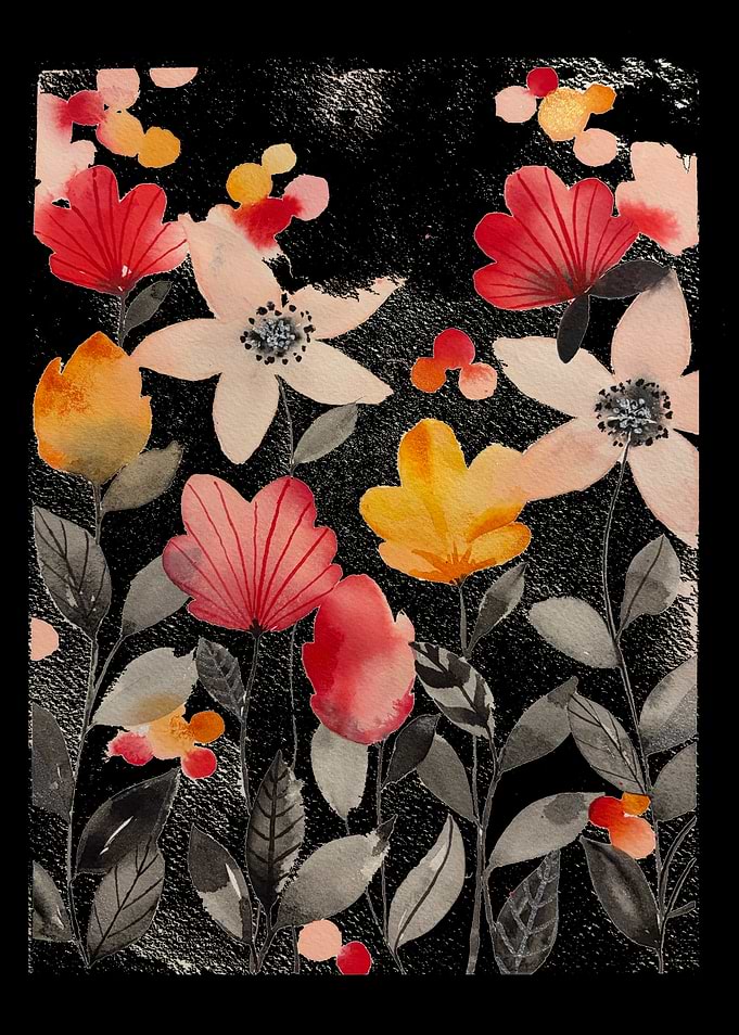 Floral Watercolor Painting on Black Background