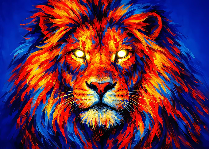 Colorful Lion Portrait with Glowing Eyes