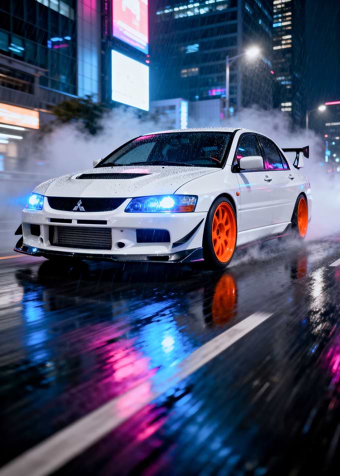 White Mitsubishi Lancer Evolution in City