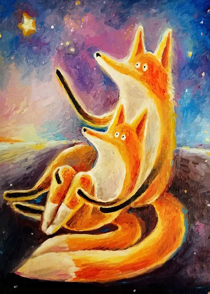 Foxes Gazing at Starry Night Painting