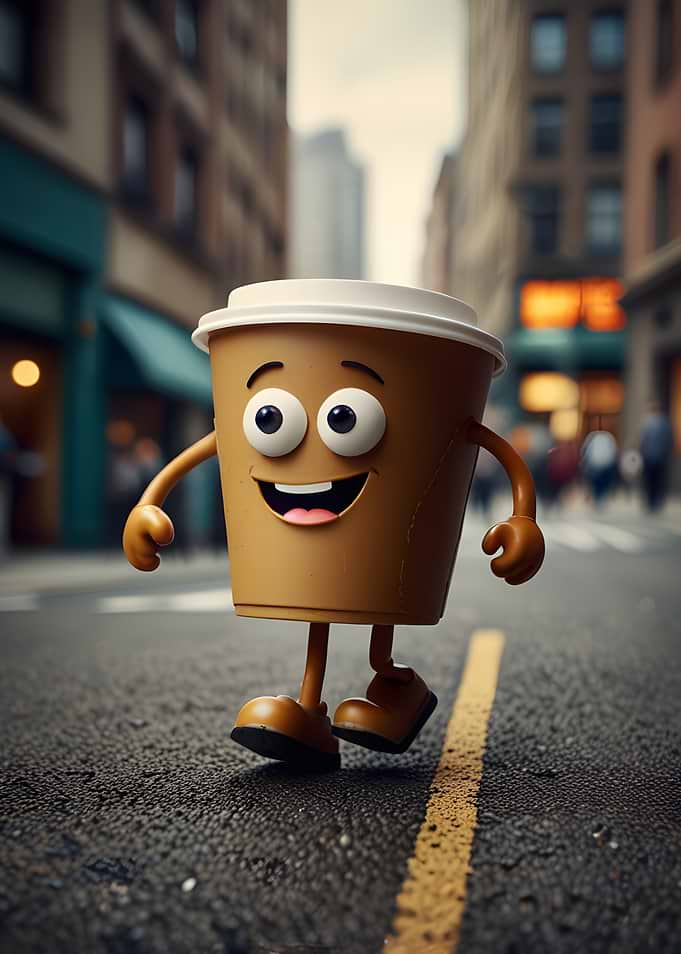 Animated Coffee Cup Walking on Street