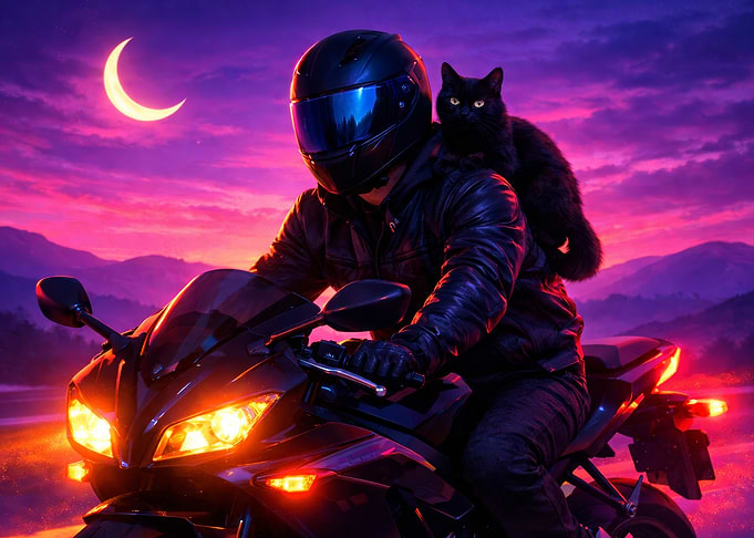 Motorcycle Rider with Black Cat at Sunset