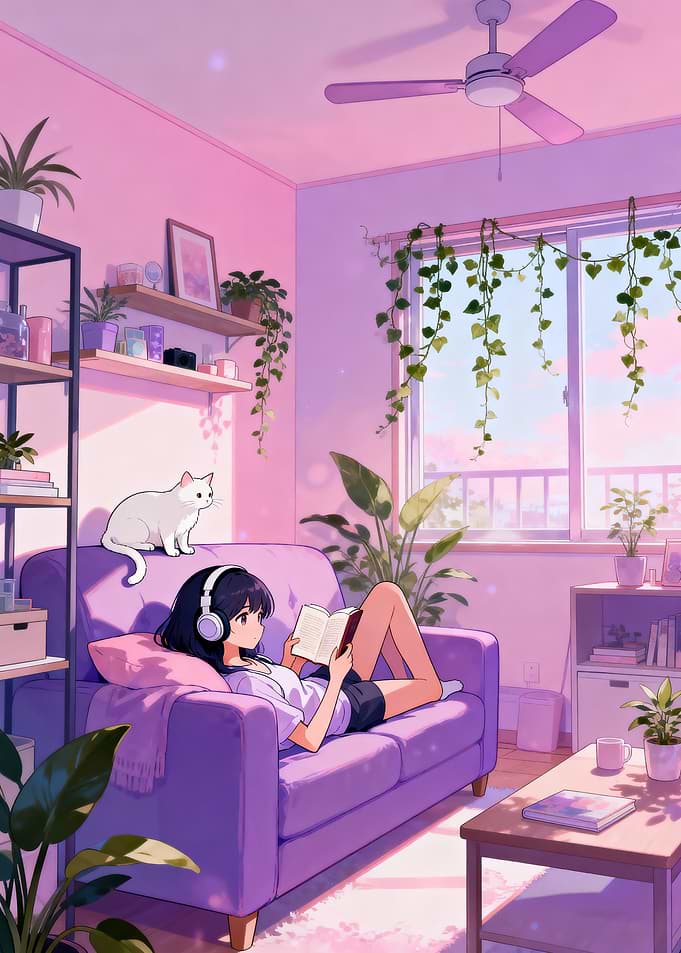 Anime Girl Reading with Cat