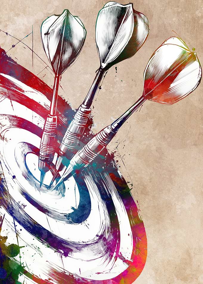 Darts hitting target, watercolor style