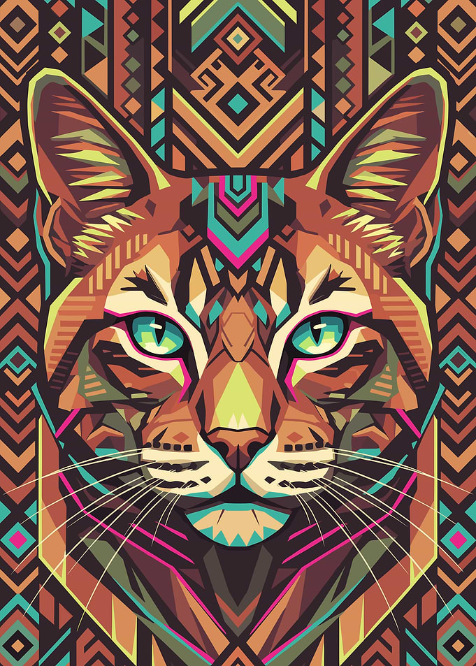 Geometric Cat Portrait with Tribal Patterns