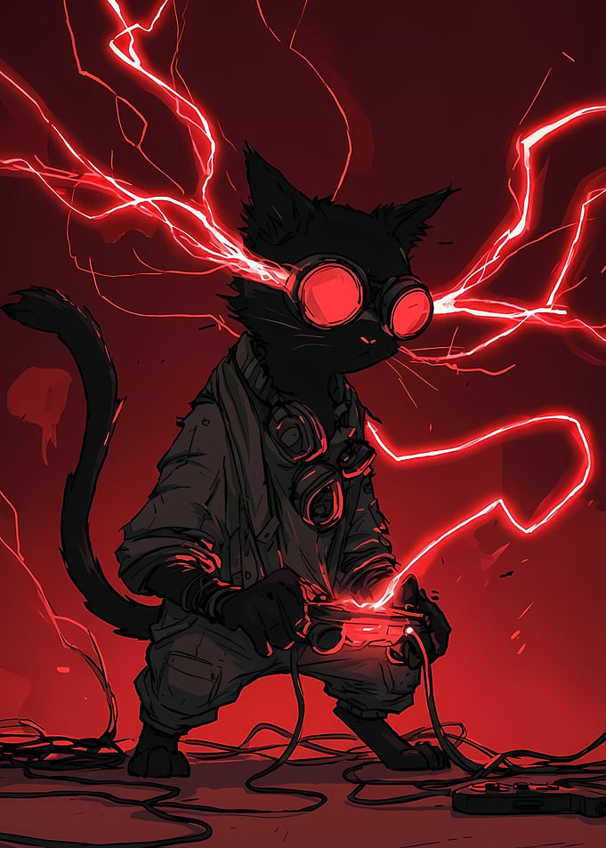 Cyberpunk Cat Gamer with Red Lightning