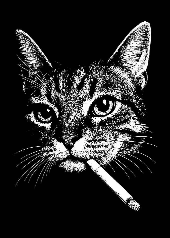 Smoking Cat Black and White Portrait