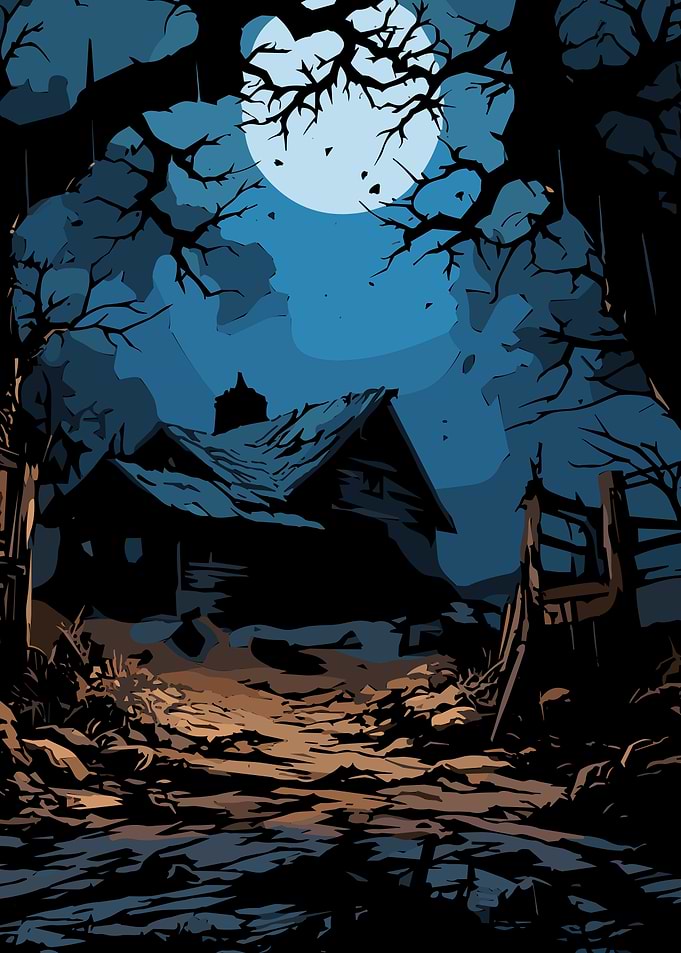 Spooky Cabin Under Moonlight