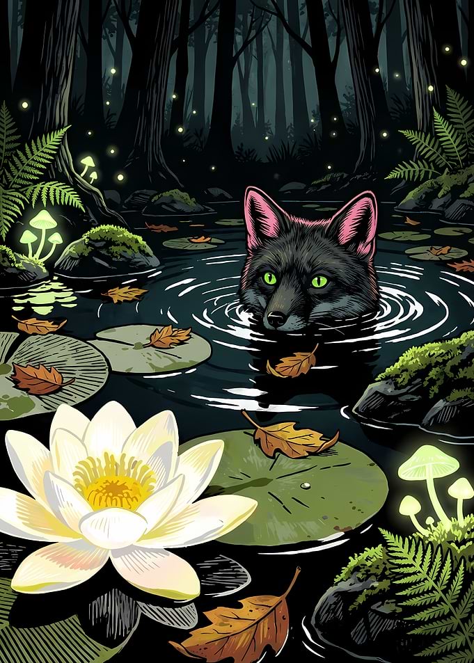 Fox in a forest pond