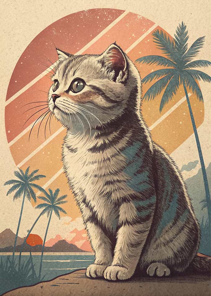 Retro Cat on Tropical Island