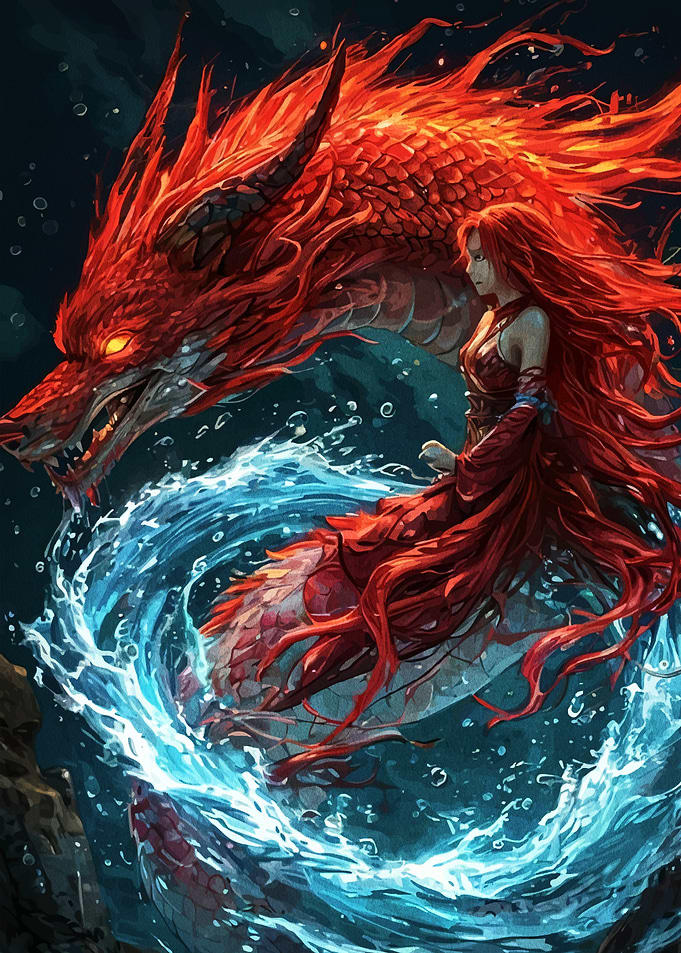 Red Dragon and Woman in Water
