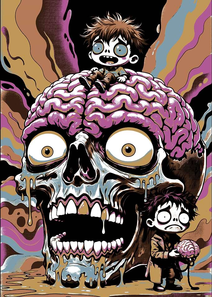 Zombie Brains and Skull Cartoon Illustration