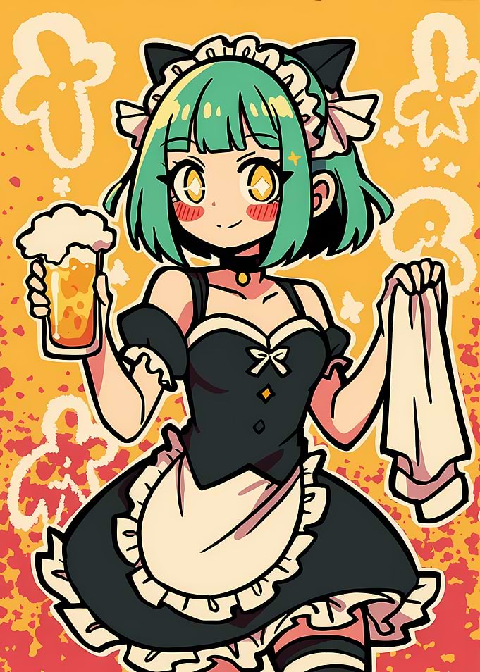 Anime Maid with Beer Cartoon Illustration