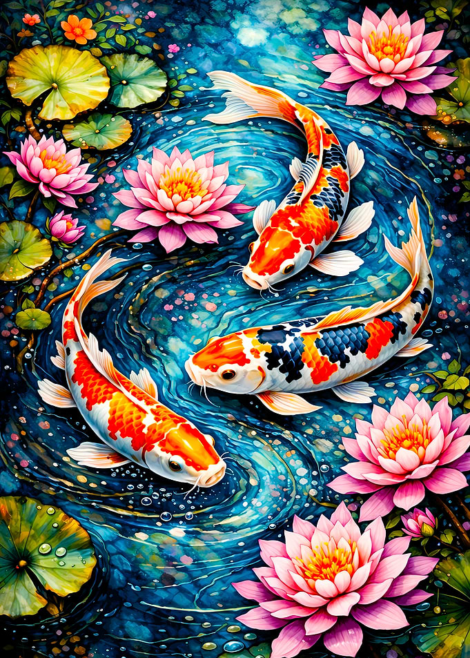 Koi Fish and Lotus Pond Art