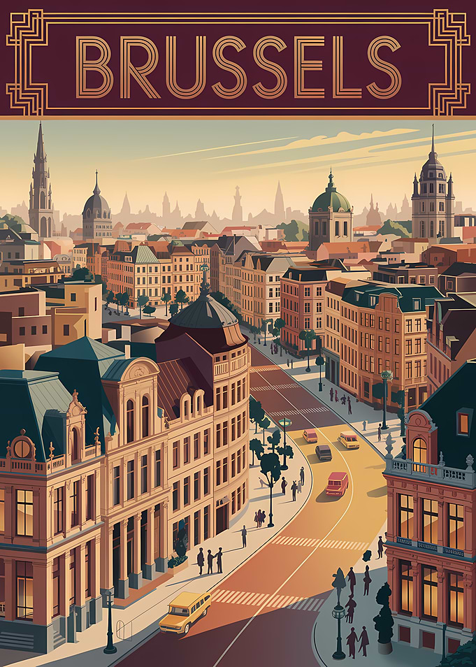 Brussels Cityscape Art Deco Style Poster