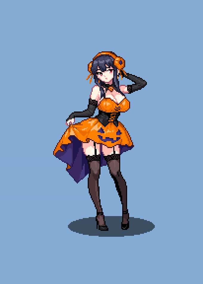Anime Girl in Halloween Pumpkin Dress