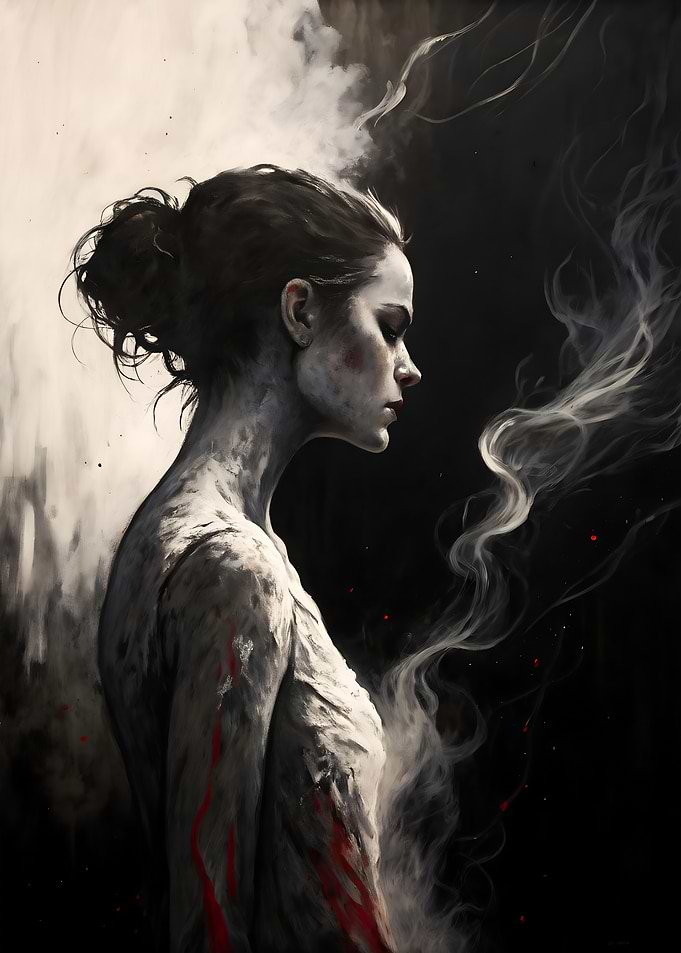 Mystical Woman with Smoke Shadow Ash Fantasy Portrait Art