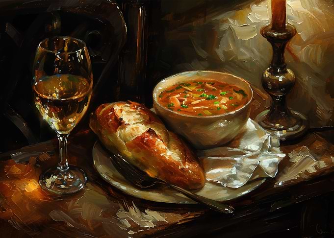Still Life with Soup, Bread, and Wine
