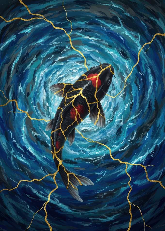 Kintsugi Koi Fish in Blue Vortex