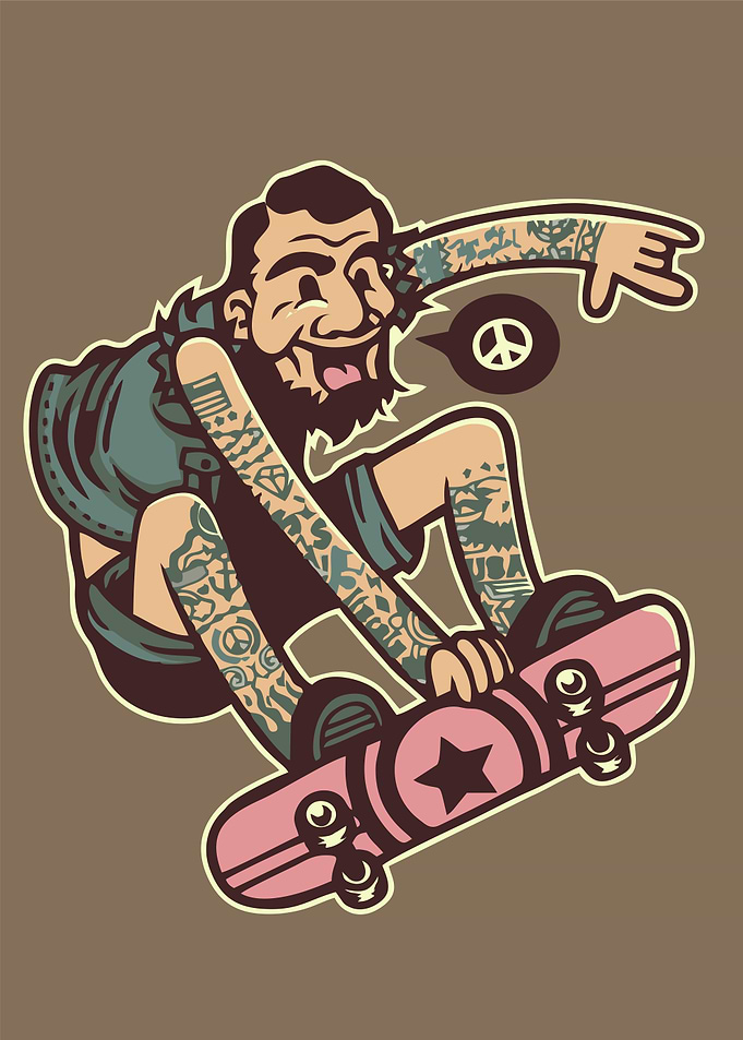 Cartoon Skateboarder with Tattoos and Peace