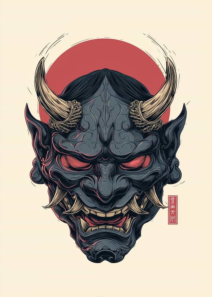 Hannya Mask Illustration with Red Sun