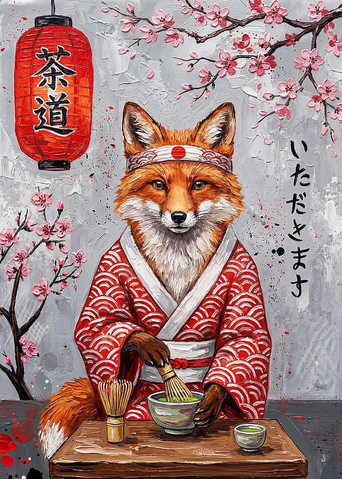 Fox in Kimono Preparing Matcha Tea