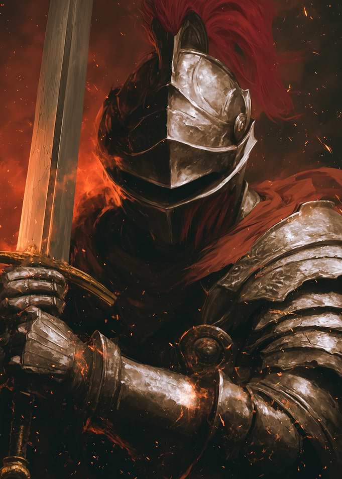 Armored Knight with Sword in Fiery Setting