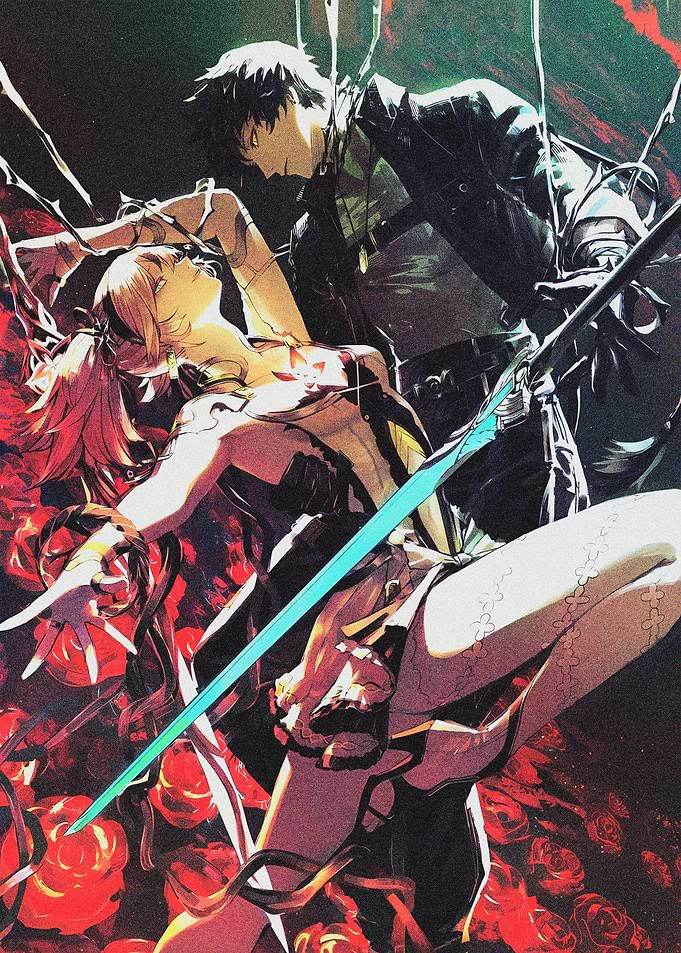 Anime Couple with Sword and Roses