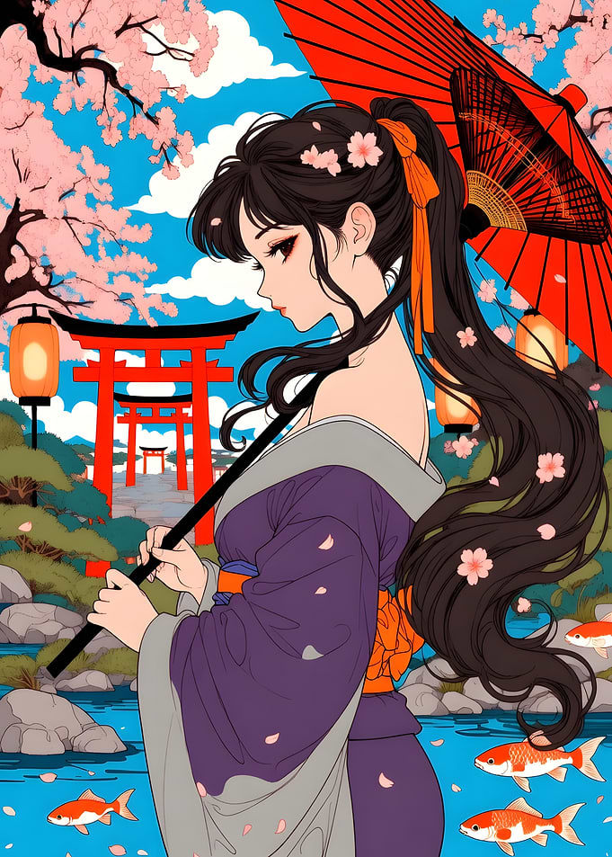 Anime Girl with Umbrella and Cherry Blossoms