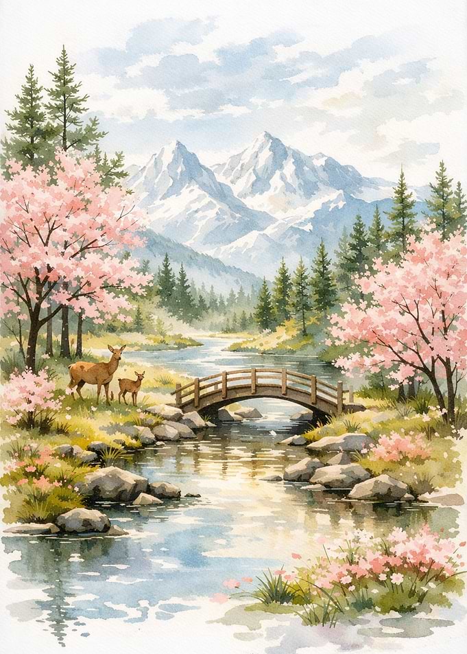 Watercolor Landscape with Deer and Bridge