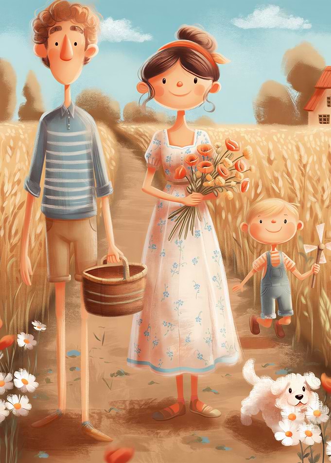 Family in Wheat Field Illustration