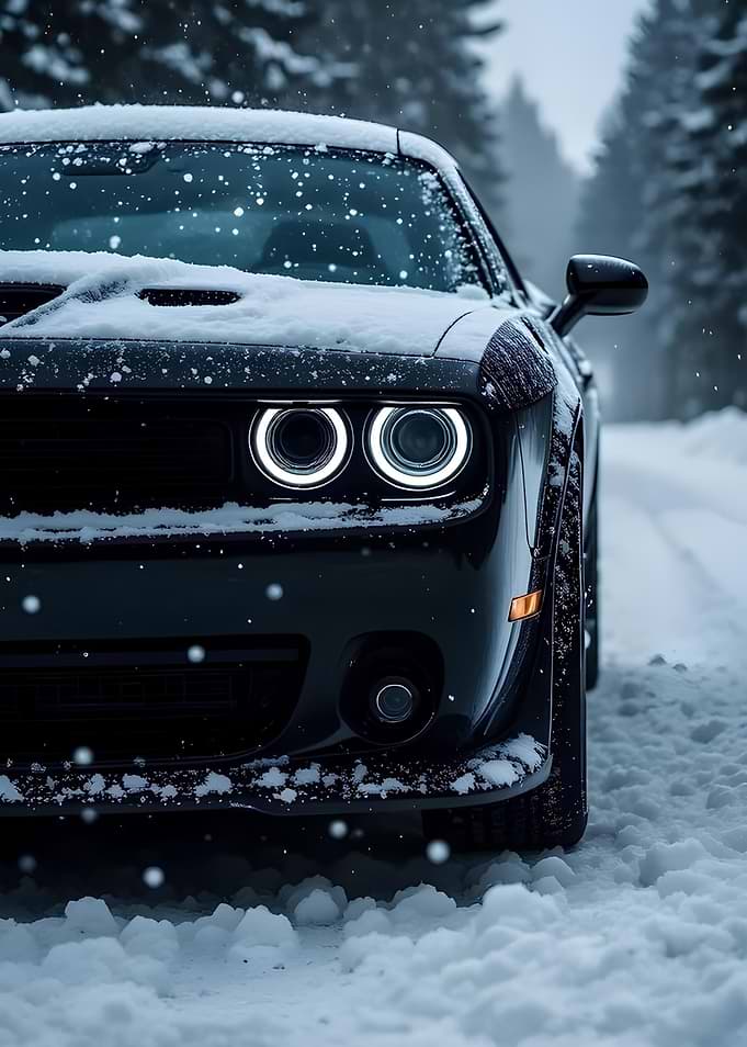 Snowy Black Car in Winter Landscape