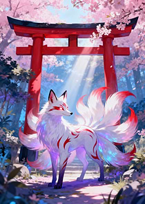 Nine-tailed Fox in a Cherry Blossom Garden