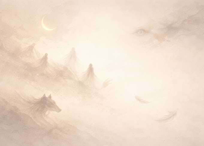 Ethereal Dreamscape with Wolf and Figures