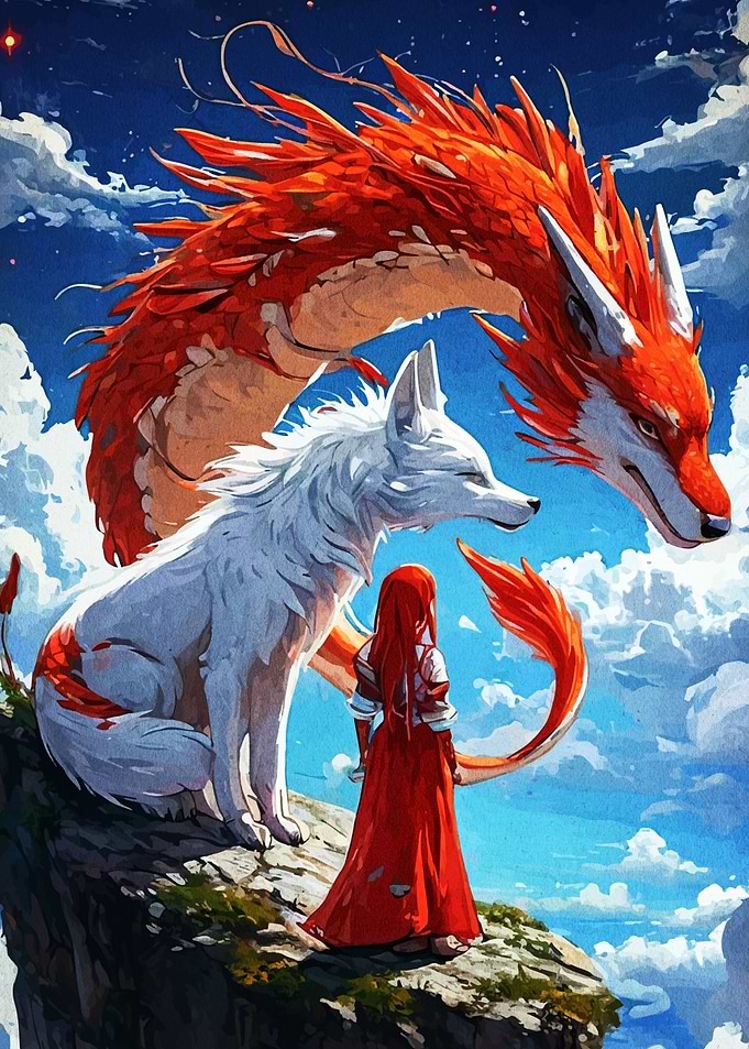 Fantasy Scene: Girl, Wolf, and Dragon