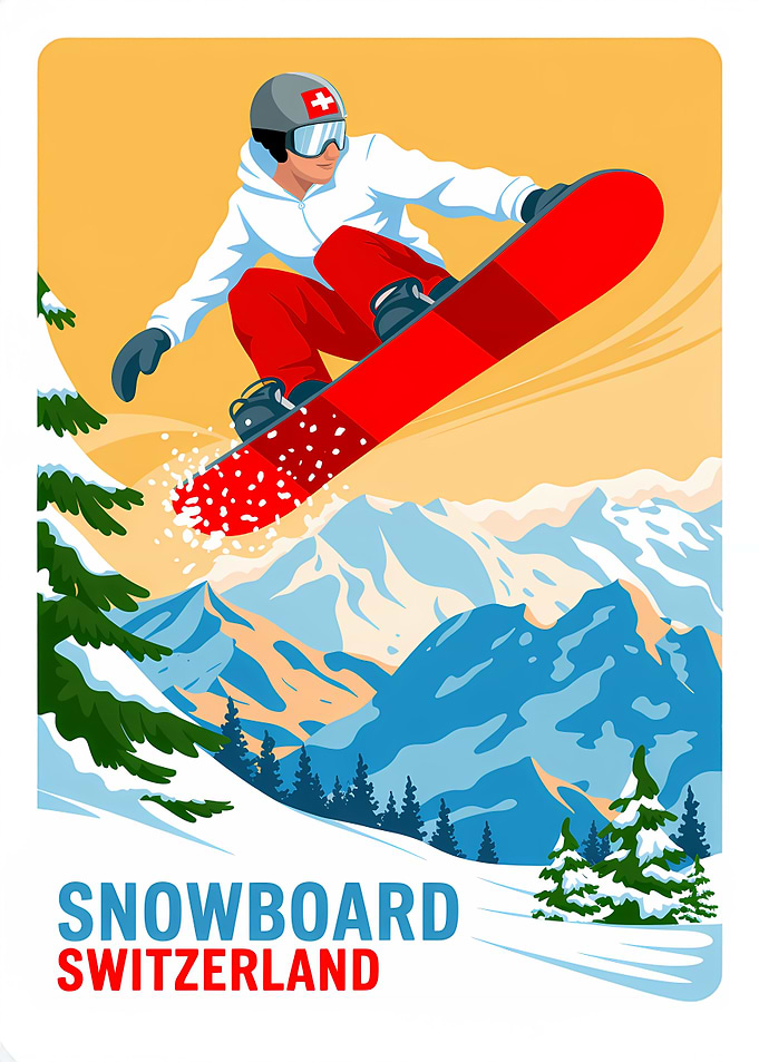 Snowboard Switzerland Vintage Style Poster