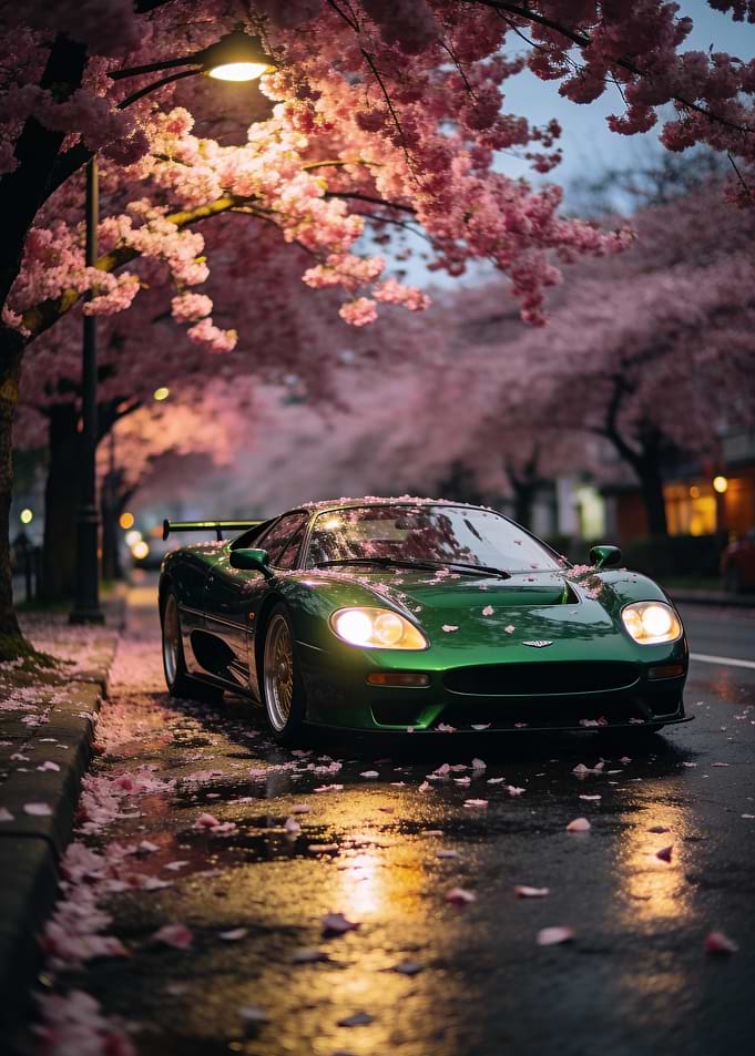 Green sports car under cherry blossoms