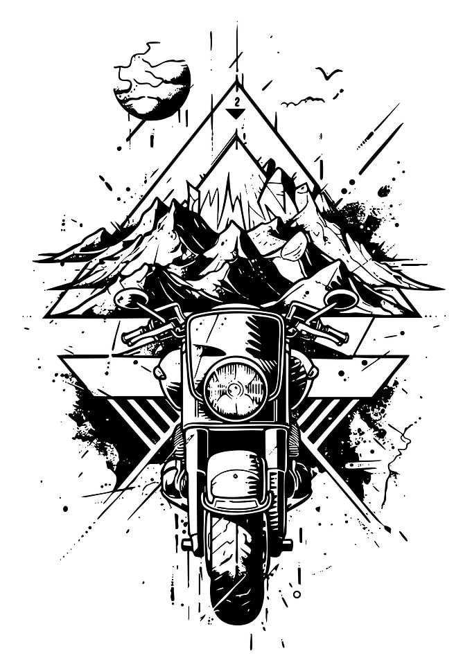 Motorcycle and Mountain Black and White Art