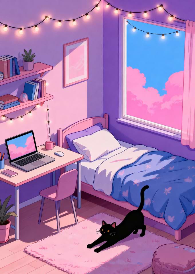 Cute Pink Bedroom with Black Cat