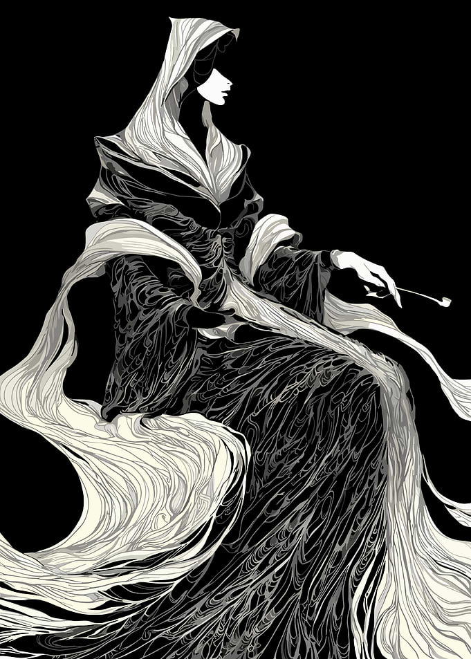Monochrome hooded figure with pipe