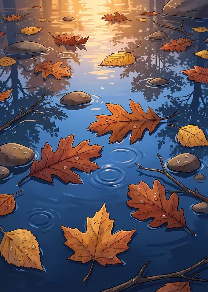 Autumn Leaves Floating on Water
