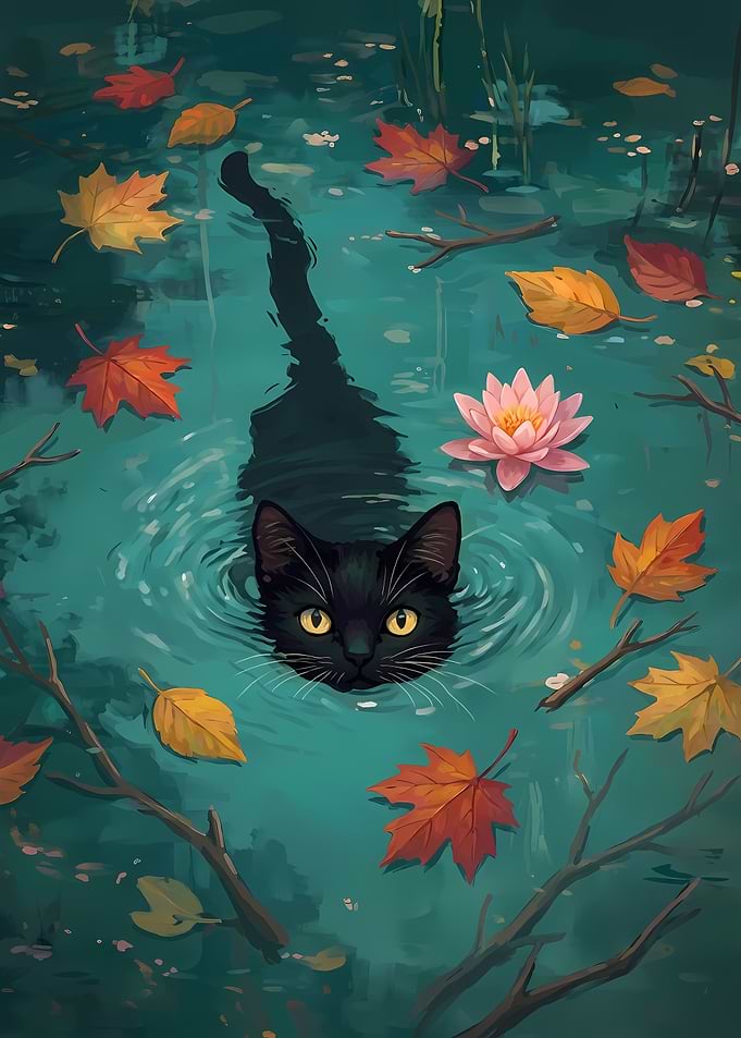 Black Cat Swimming in Autumn Pond