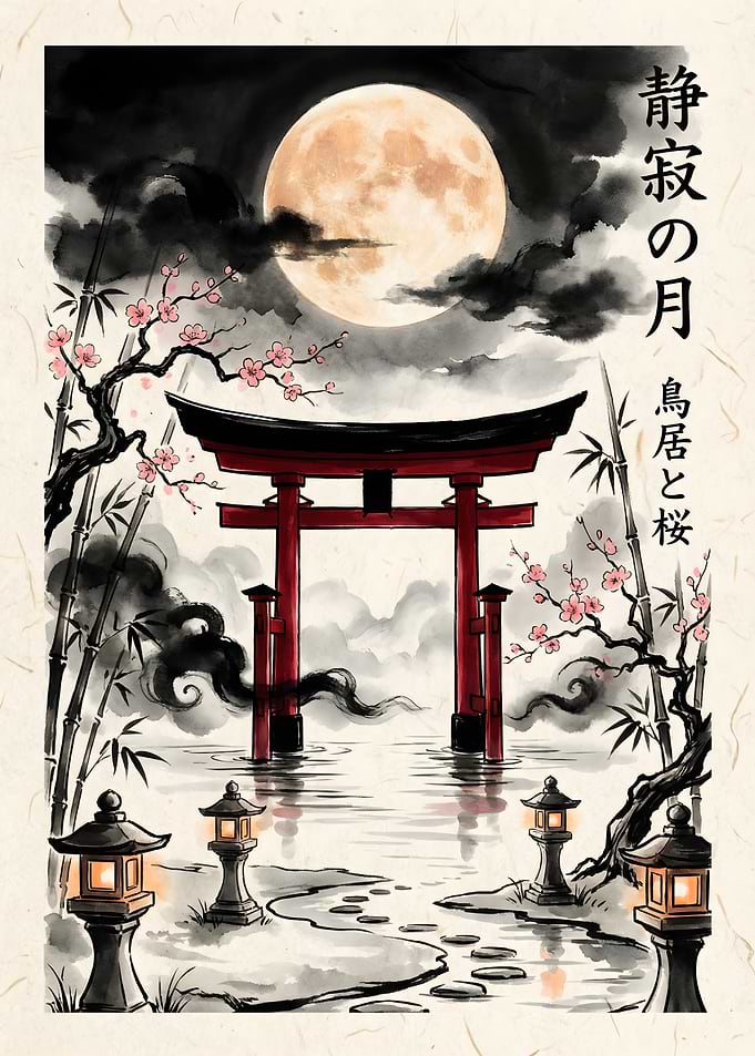 Japanese Torii Gate Under Full Moon