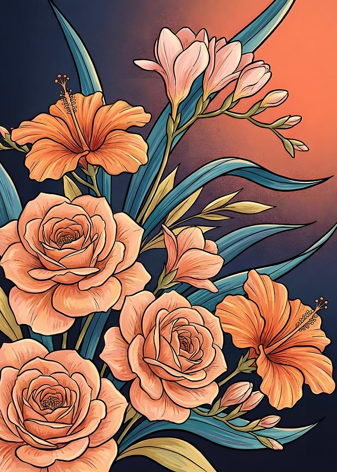 Floral Arrangement with Roses and Hibiscus