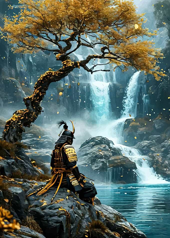 Samurai Contemplation by Waterfall