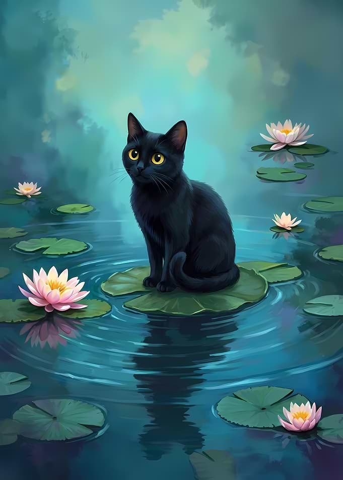 Black Cat on Lily Pad