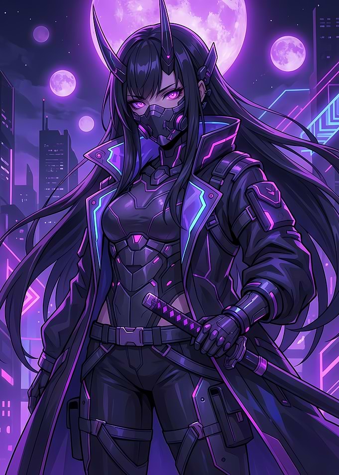 Cyberpunk Warrior in Neon Cityscape
